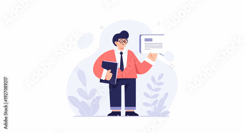 Person in suit holding book and presentation board