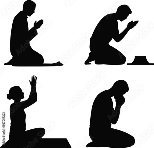 Silhouette vector illustration of people praying, meditation poses, spiritual devotion, cultural reflection, kneeling figures, religious practice, mindfulness, worship, peaceful contemplation