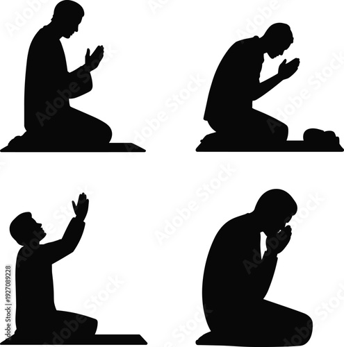 Silhouette vector illustration of people kneeling in prayer, spiritual devotion, meditation, worship, religious ritual, faith, spirituality, cultural tradition, reflection