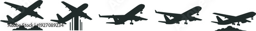 Airplane silhouettes and line drawings in various flight positions