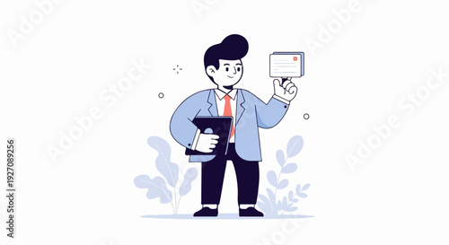 A smiling businessman holds a tablet and a stack of cards