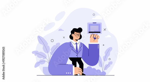 Person in suit holding a tablet displaying text, surrounded by abstract shapes and foliage