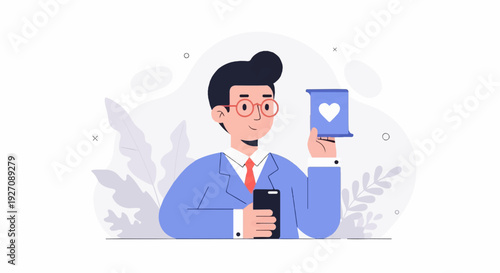 Person in suit holding phone and a box with a heart