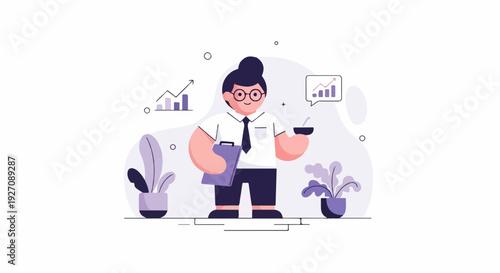 A character in business attire holds a clipboard and a cup, with plants and charts in the background