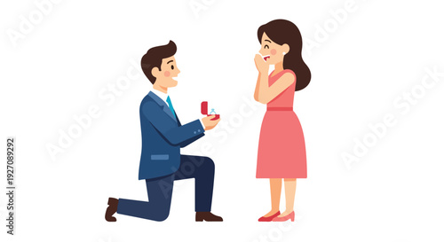 Cartoon illustration of a man proposing to a woman with a ring on a white background.
