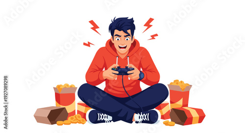 A young man sits cross-legged on the floor, holding a video game controller with fast food scattered around him, conveying a playful and intense mood.