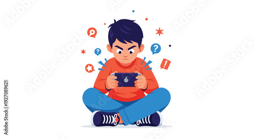 A cartoon boy sitting cross-legged holding a tablet with question marks and symbols around him on a white background.