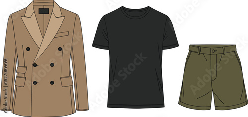 Brown double-breasted blazer black t-shirt and olive green shorts jacket coat