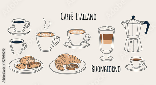 Caffè Italiano Hand Drawn Coffee Illustration Set with Espresso Cups Croissant and Moka Pot Buongiorno