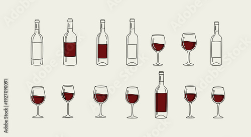Wine Bottle and Glass Collection Hand Drawn Vector Illustration with Red Wine Variations