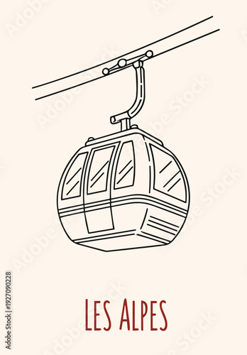 Les Alpes Cable Car Hand Drawn Alpine Mountain Transport Illustration Poster