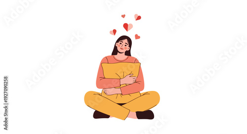Illustration of a smiling woman sitting cross-legged holding a gift box with hearts floating above her head on a white background.
