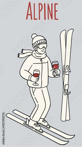 Alpine Skier with Wine Glasses Hand Drawn Winter Sports Illustration Poster
