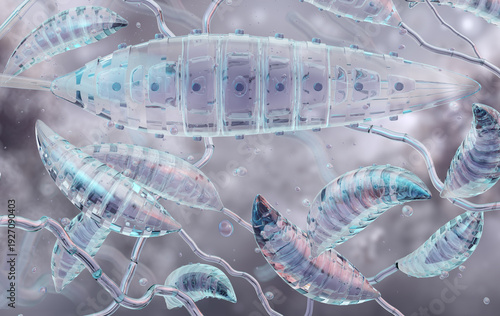 Microsporum canis fungus growing on a skin surface showing multicelled macroconidia and a hyphal network. This filamentous fungus belongs to the phylum Ascomycota and causes dermatophytosis in mammals
