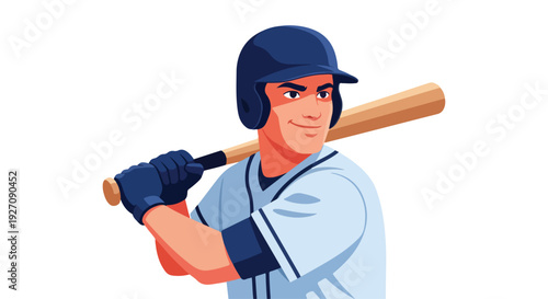 Illustration of a baseball player wearing a blue uniform and helmet, holding a bat over his shoulder against a white background.
