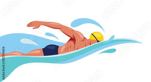 Illustration of a muscular male swimmer wearing a yellow cap and black trunks swimming through turquoise water with a white background.