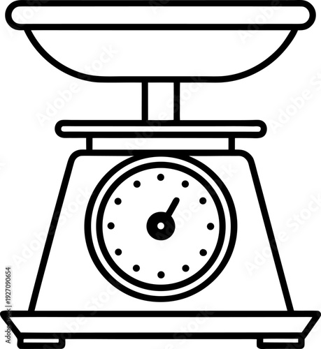 A detailed, black and white ink illustration of a vintage kitchen scale is centered in the frame. The scale features a large, round dial with numbers and markings, indicating weight measurements, and 
