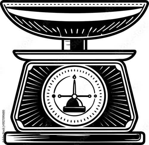 A detailed, black and white ink illustration of a vintage kitchen scale is centered in the frame. The scale features a large, round dial with numbers and markings, indicating weight measurements, and 