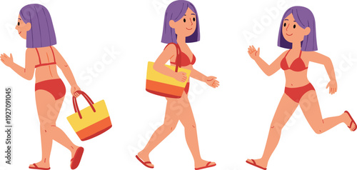 Cartoon woman in red bikini walking running and carrying beach bag purple hair