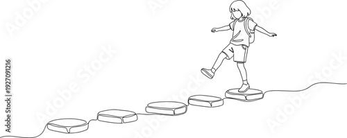 Child stepping on books to cross gap