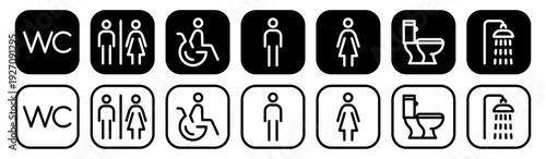 Toilet icon set with symbols for man, woman, disabled in wheelchair, wc, toilet, shower. Outline vector illustration for restroom signs, WC labels, public facilities design.