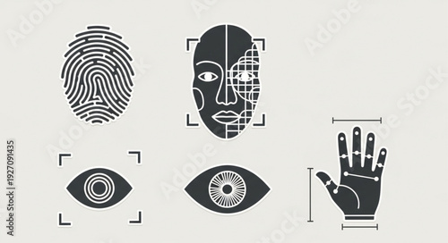 Biometric identification methods - fingerprint, face, eye, and hand scanning for security.
