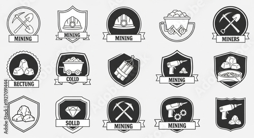 Collection of mining industry related emblems and badges in black and white.