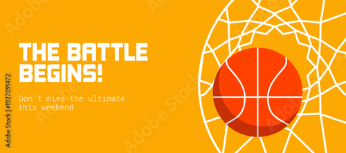 Basketball Tournament Sports Banner with Ball and Net on Orange Background. Game Day Event Poster Template for Championship Promotion and Athletic Competition