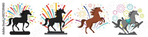 Horse Chines New Year with Fireworks  Flat Vector Illustration on Transparent Background