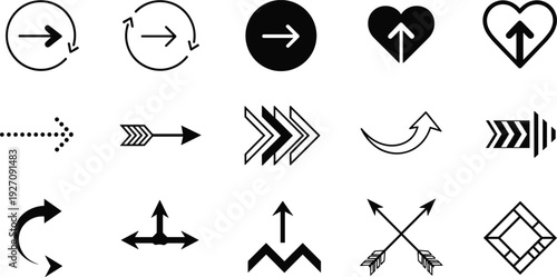 Arrow Icons Set, Directional Symbols Collection, Right Turn, Forward, Refresh and Navigation Elements Black Vector Illustration Isolated on White Background