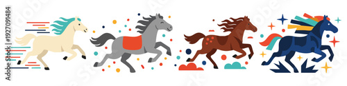 Running Horse Chines New Year  Flat Vector Illustration on Transparent Background