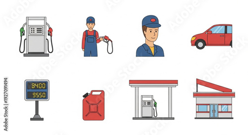 Gas station elements and related objects, fuel and service station concept.