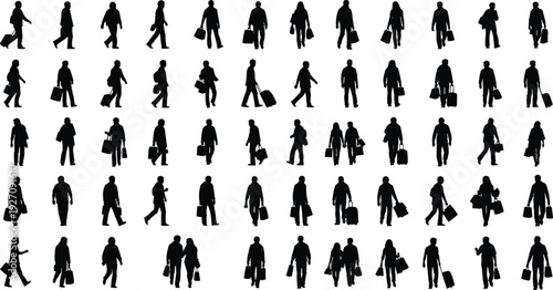 Business people silhouette collection walking with bags and luggage, diverse men and women commuter figures, black vector icon set isolated on background