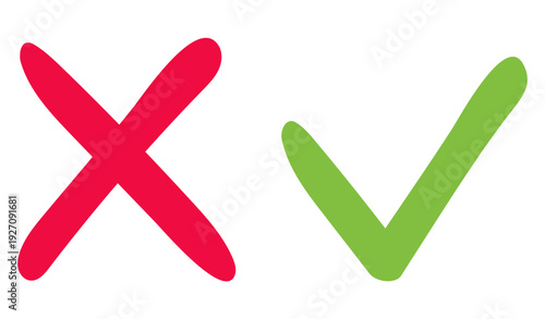Checkmark and cross icon set. Hand drawn tick mark and cross symbol for vote list. Vector illustration isolated on white background.