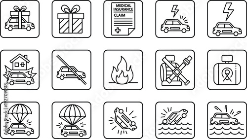 Car Insurance and Accident Claim Icons Set, Vehicle Protection, Medical Insurance, Fire, Flood and Collision Line Vector Illustration Collection