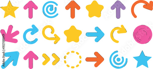 Mix of arrows stars and circular icons in various colors for design projects
