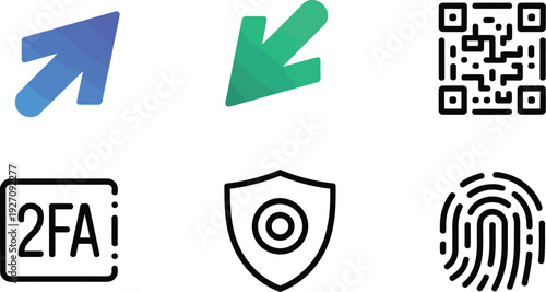 Security and authentication icon set. Includes 2fa, shield, fingerprint, qr code, lock, and arrow symbols. Created in line style with black and green color palette.