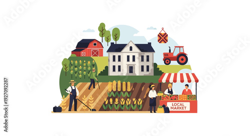 Agriculture and Local Market Concept Illustration. Farmers Working on Field, Selling Fresh Produce at Farm Stand, with Farmhouse and Tractor.