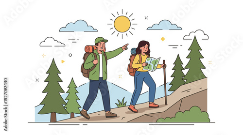 Couple Hiking Together on Mountain Trail with Backpacks and Map during Sunny Day