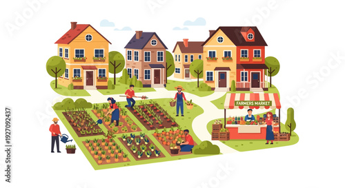 Flat Vector Illustration of Urban Farming Community with Residents Gardening, Harvesting Crops, and Operating a Local Farmers Market