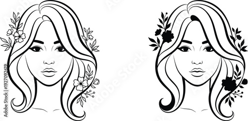 Two Minimalist Line Art Illustrations of Women's Faces with Flowers and Leaves in Their Hair