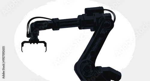 Industrial robotic arm with claw gripper and wires on white background illustration