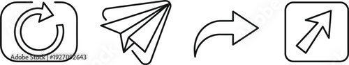 Outline arrow and navigation icon set featuring refresh symbol, paper plane send icon, curved direction arrow, minimalist black line vector illustration isolated background