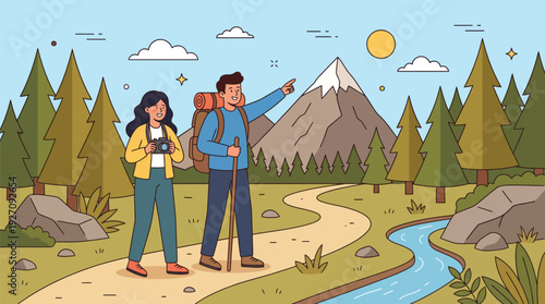 Couple Hiking Together on Mountain Trail with Backpacks and Trekking Poles