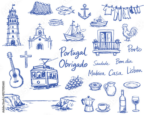 Hand drawn Portugal travel doodle icons with Lisbon landmarks, coastal life and cultural symbols in sketch style