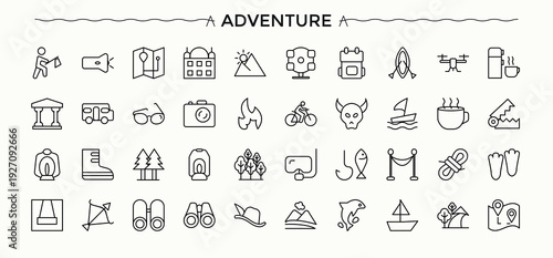 Adventure icon set. Camping linear icon set. Included travel, camping, journey, hiking, climb, exploration and more. Signs for web and mobile app.
