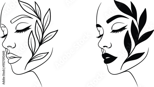 Two Minimalist Line Drawings of Woman's Faces with Eyes Closed and Botanical Leaf Accents