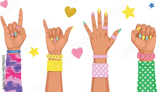 Four hands with colorful nails and bracelets making gestures surrounded by hearts and stars