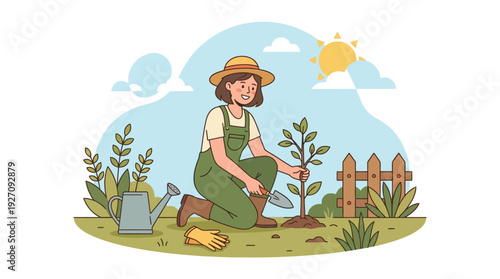 Woman Gardening in Overalls Planting Green Tree in Yard with Watering Can