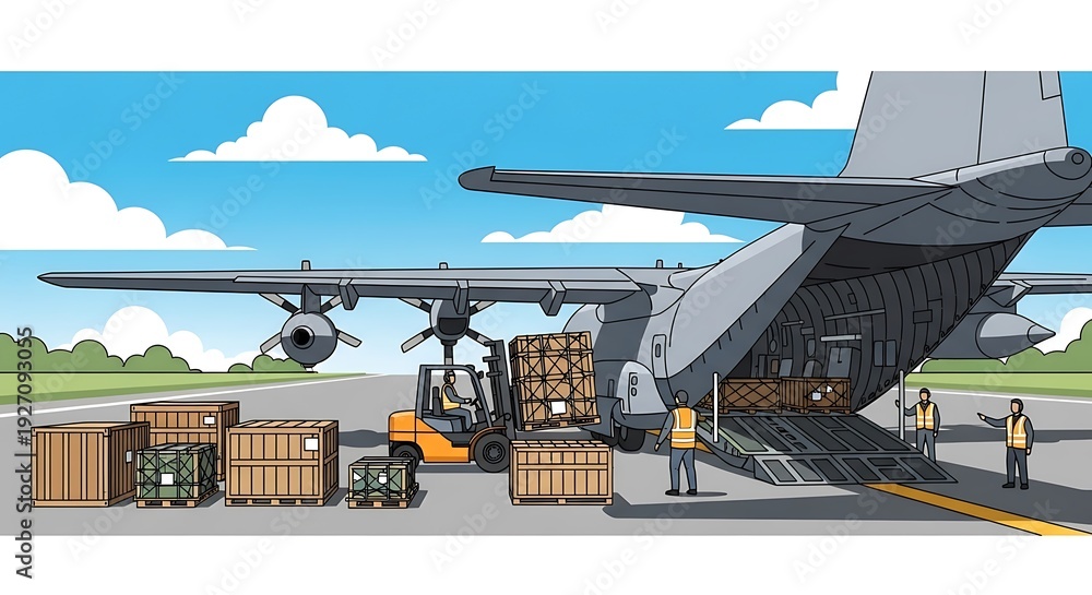 Naklejka premium Cargo Plane Unloading at Airport Tarmac.